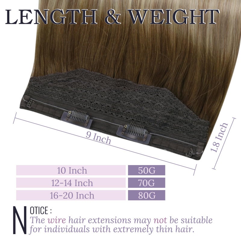 Fshine Invisible Wire Hair Extensions Real Human Hair 14 Inch Wire Human Hair Extensions Balayage Walnut Brown to Ash Brown and Butter Blonde One Piece Hair Extensions Clip in Human Hair Remy Hair 70g - Image 4